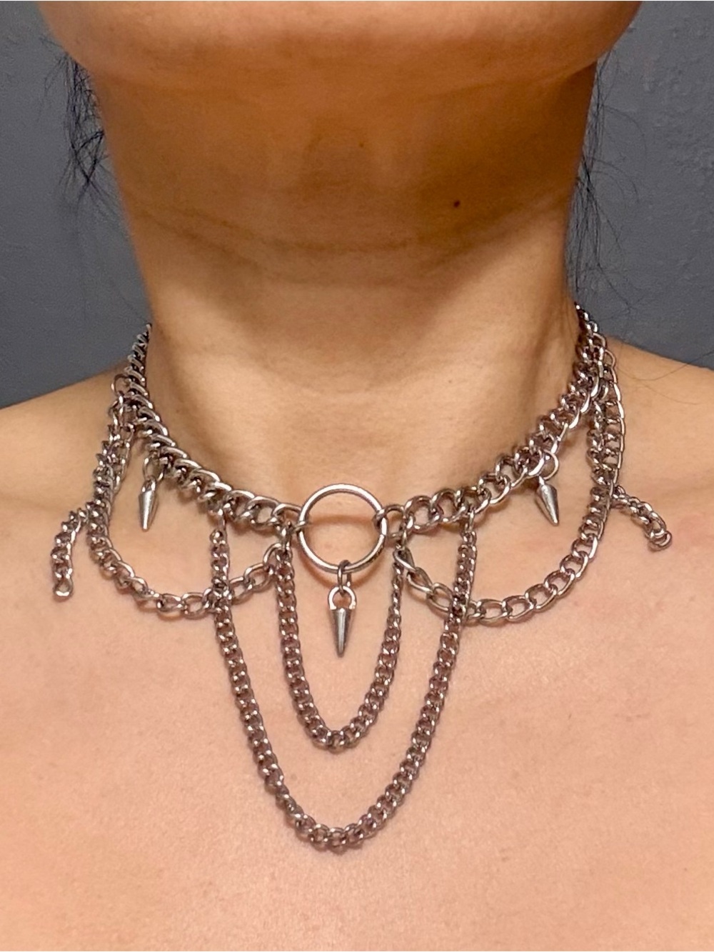 Vintage Hot Topic - Silver Spike Layered Chain Choker Necklace - GOTH PUNK